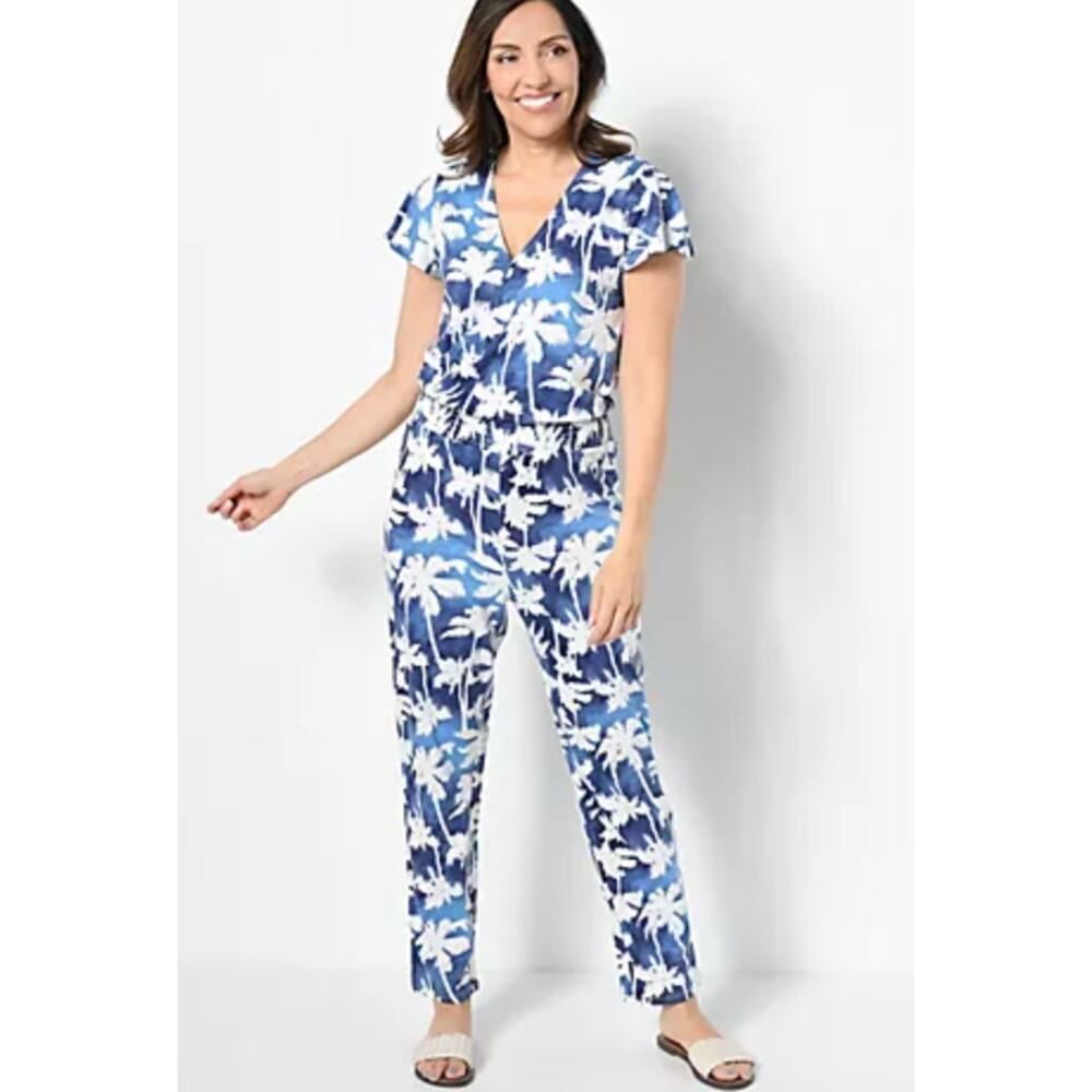 NWT Candance Cameron Bure QVC Sunkissed Jumpsuit in Navy Palm Sz L Resort Beachy